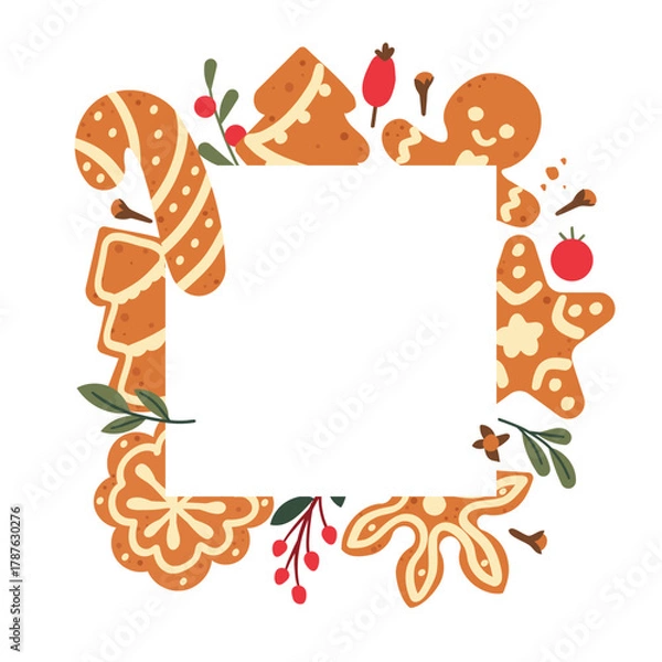 Fototapeta Gingerbread Christmas frame, happy man cookie for Santa. Print for notebook or coloring book for kids , web, social media , banner . Cartoon vector illustration with space for text .