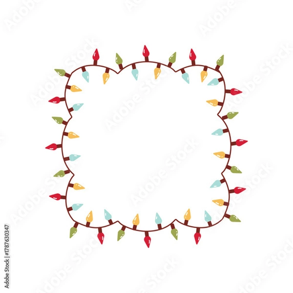 Fototapeta Vector Retro Colorful Holiday Christmas and New Year Intertwined String Lights Square Frame on White Background. Winter Holiday Circular Decorative Element Perfect for Invitations, Postcards