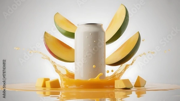 Fototapeta Refreshing Mango Drink in a Can with Fresh Mango Slices and Juice Splashing a Tropical Beverage Concept