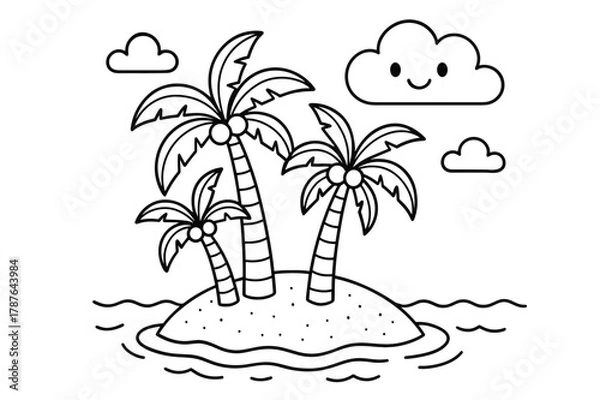 Fototapeta Tropical Island Coloring. Tropical island with palms children?s coloring book illustration, outlined drawing, a small island with three palm trees, gentle