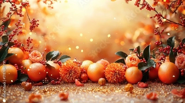 Fototapeta Vibrant Autumn Display with Oranges, Flowers, and Berries in Soft Light