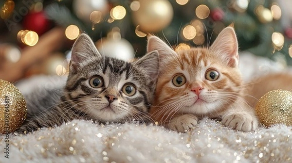 Fototapeta Adorable Kittens Snuggling on Sparkling Blanket with Christmas Decor