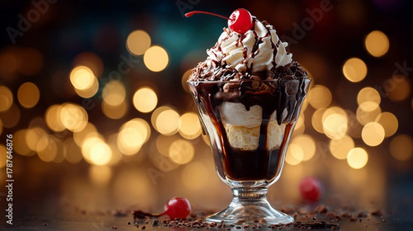 Fototapeta Chocolate Sundae with Whipped Cream and Cherry