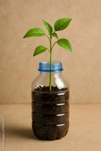 Fototapeta plant growing in recycled plastic bottle with soil
