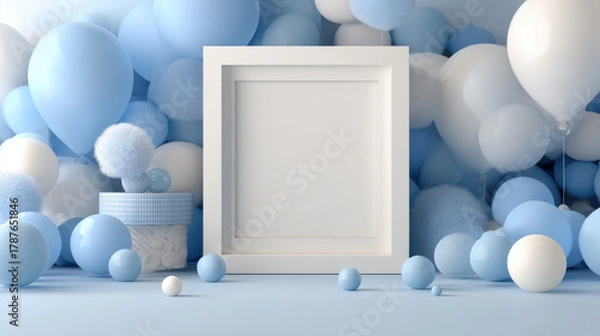 Fototapeta Soft blue and white balloons with blank white square frame and decorative elements create calm and gentle atmosphere