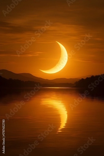 Fototapeta golden crescent moon hovering above lake at sunset