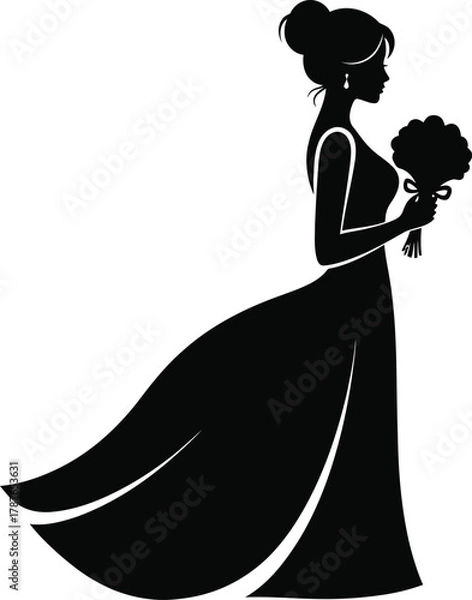Fototapeta Elegant Bride Silhouette Illustration with Flowing Gown and Bouquet on Transparent Backdrop