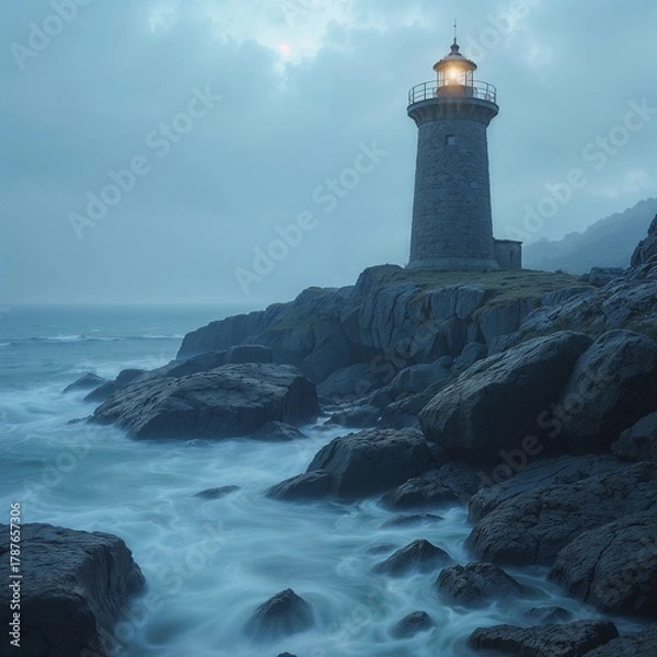 Fototapeta Coastal lighthouse photography in dramatic gray tones representing resilience and navigation
