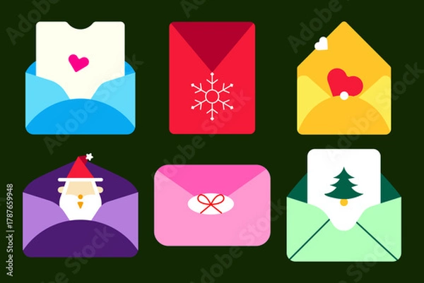 Fototapeta Christmas Envelope Flat Icon Set – Minimal Vector of Holiday Mail, Greeting Cards, and Festive Winter Celebration