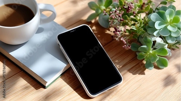 Fototapeta Minimalist Workspace with Coffee, Smartphone, Plant, and Notebook on Wood