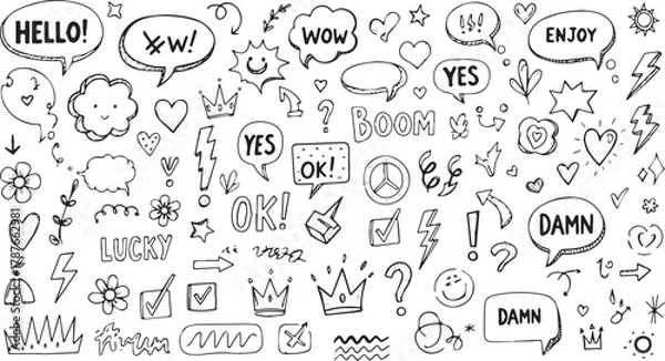 Fototapeta Hand-drawn doodle speech bubbles and design elements vector illustration of comic style sketches background