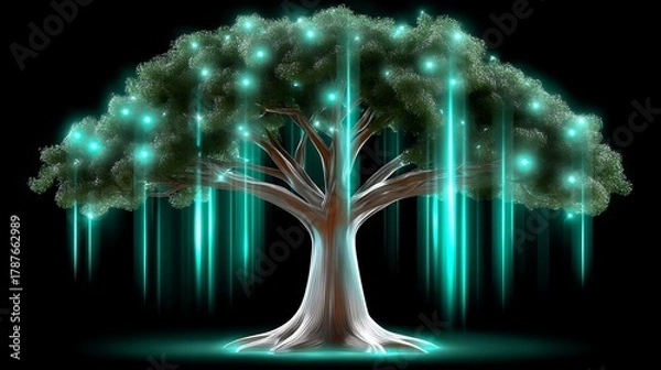 Fototapeta Glowing Tree with Luminescent Leaves and Ethereal Light Effects at Night