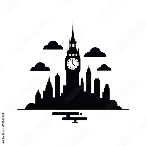 Fototapeta Silhouette skyline showing city skyline with Big Ben, buildings, and water reflection. City skyline includes famous tower and clouds. Isolated city skyline illustration for logos or illustrations.