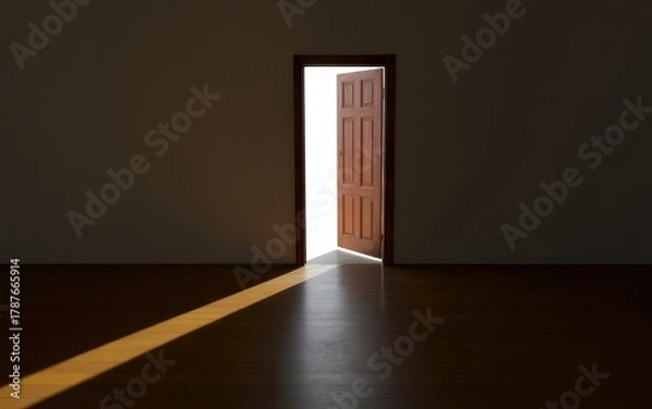 Fototapeta Open door casting long tapering shadow across dark interior floor