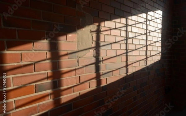 Fototapeta Sunlight patterns cast by barred window on textured brick wall warm tones