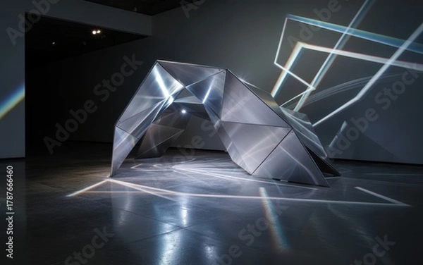 Fototapeta Futuristic geometric sculpture illuminated by neon lights in modern art exhibition