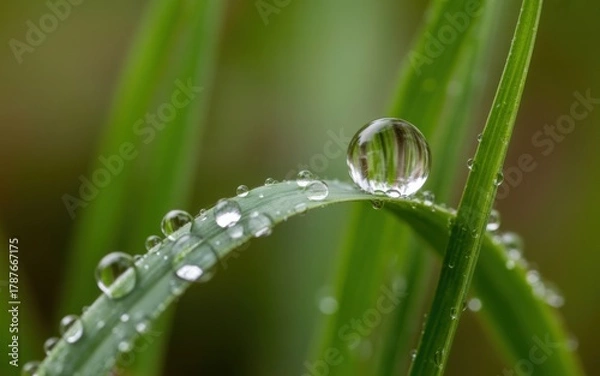 Fototapeta Macro photography of a single dewdrop on a vibrant green grass blade capturing light reflection.