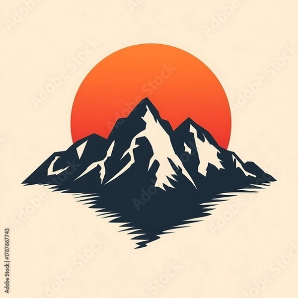 Fototapeta Vector illustration of a summer sunset landscape in the mountains featuring a sun silhouette against the sky