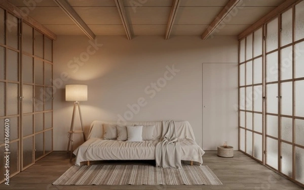 Fototapeta Modern minimalist studio apartment with futon stylish decor and large windows creating a serene living space