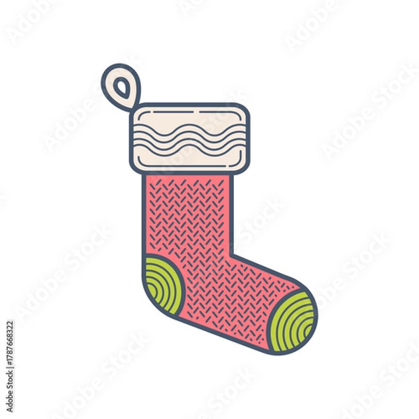 Fototapeta Retro Line Art Christmas Stocking. Minimalist Festive Holiday Season Vector Illustration. Vintage Winter Decoration Design Element.