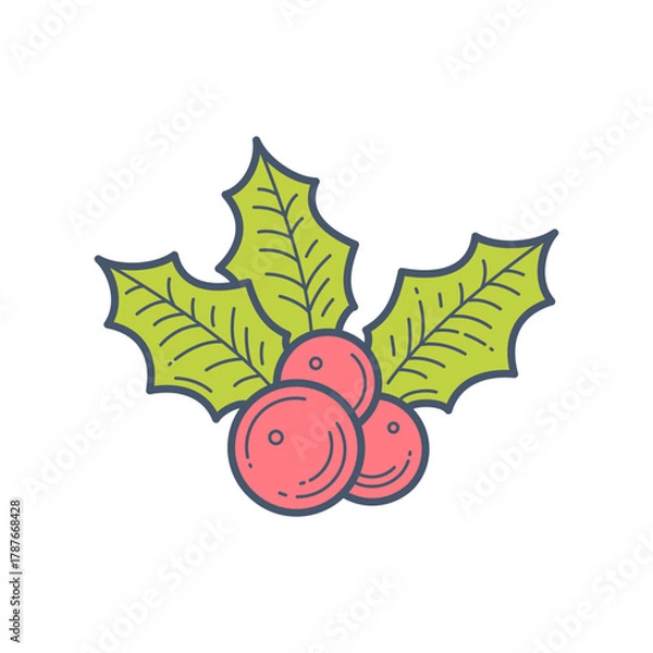 Fototapeta Retro Line Art Holly Berries and Leaves Vector Illustration. Minimalist Christmas Holiday Season Design Element. Festive Winter Greenery Icon.