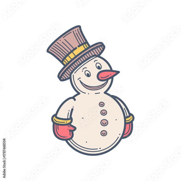 Fototapeta Retro Line Art Smiling Snowman with Top Hat. Minimalist Christmas Holiday Winter Season Vector Illustration. Festive Character Icon Design Element.