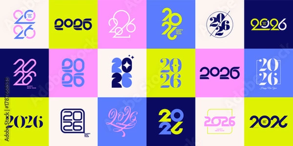 Fototapeta Vibrant Happy New Year 2026 Vector Logo Collection: Diverse Modern Typography Designs for Seasonal Greetings, Branding, and Festive Events.