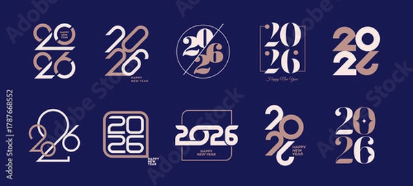 Fototapeta Modern Happy New Year 2026 Logo Designs Collection: Elegant Typography Vector Set for Festive Greetings, Branding, and Seasonal Events.
