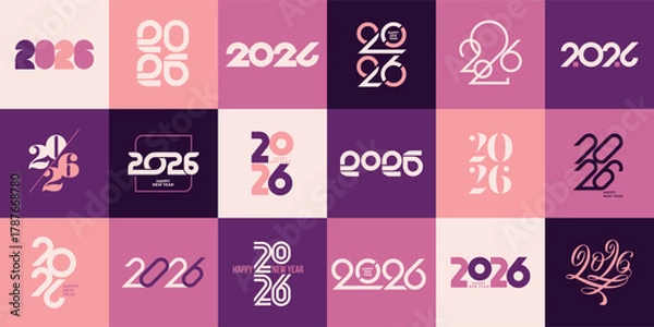 Fototapeta Happy New Year 2026 Vector Logo Collection: Diverse Modern Typography Designs for Seasonal Greetings, Branding, and Festive Events.