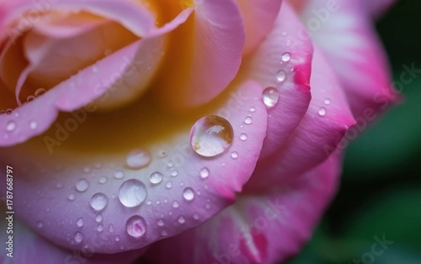 Fototapeta Close-up macro of dewdrops on pink and orange rose petals capturing light