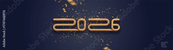 Fototapeta 2026 new year golden logo and confetti on black background. Greeting card design with gold metal number of year. Vector illustration.