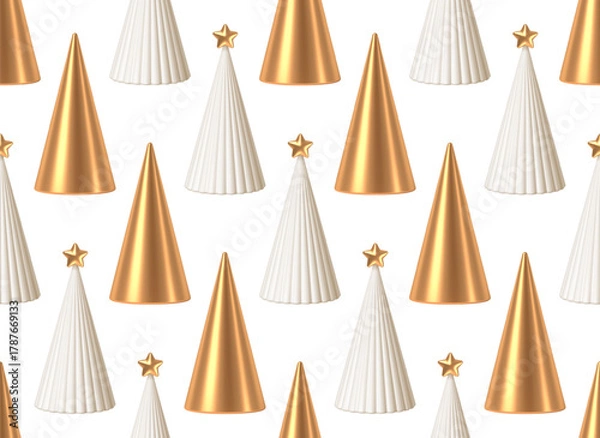 Fototapeta Elegant Seamless Pattern of 3D Golden and White Minimalist Christmas Trees on White Background. Modern Festive Holiday Design for Winter Celebrations and Luxury Events.