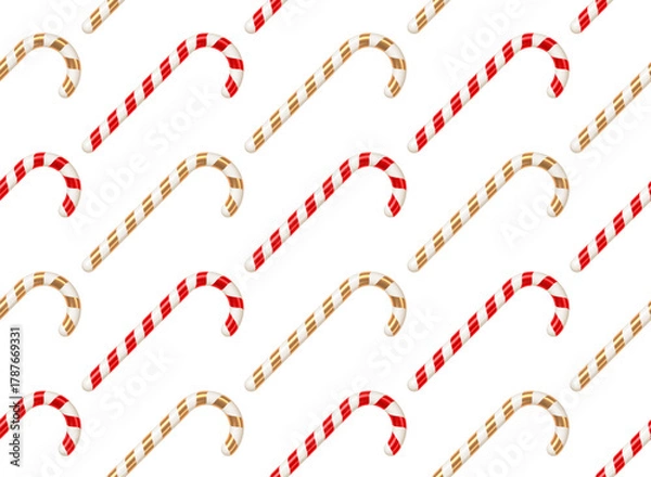 Fototapeta Sweet Festive Seamless Pattern of Striped Red, White, and Gold Candy Canes on a Clean White Background. Perfect for Holiday Designs, Winter Celebrations, and Sweet Treats.