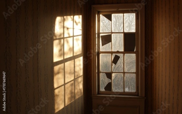 Fototapeta Sunlight streams through tall broken window panes casting shadows inside abandoned room