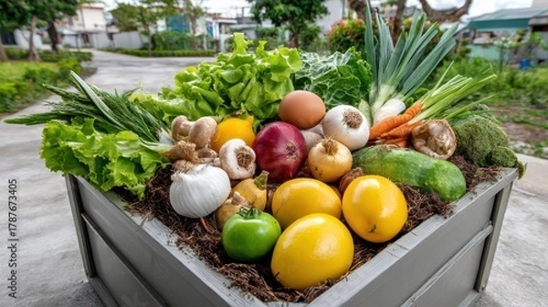 Fototapeta A vibrant display of fresh vegetables and fruits in a wooden planter, highlighting healthy food options and gardening.