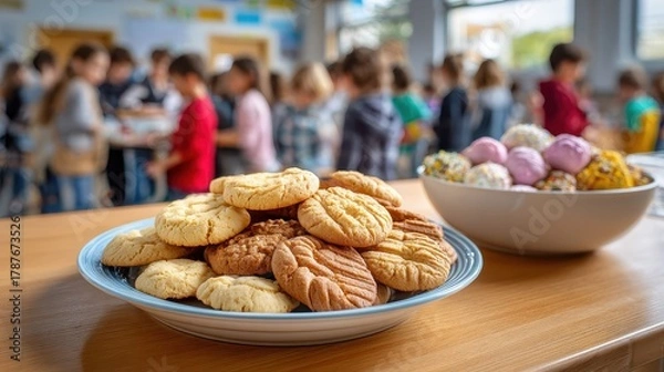 Fototapeta A vibrant scene featuring a plate of assorted cookies in the foreground, with children enjoying treats in a lively setting.