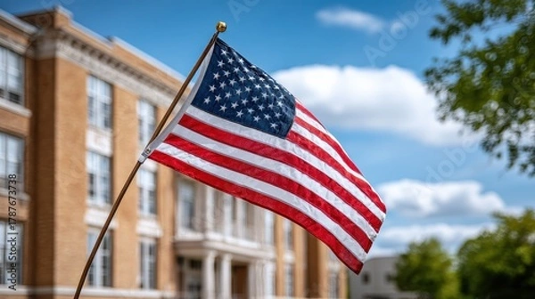 Fototapeta A vibrant American flag waves in front of a classic brick building under a bright blue sky.