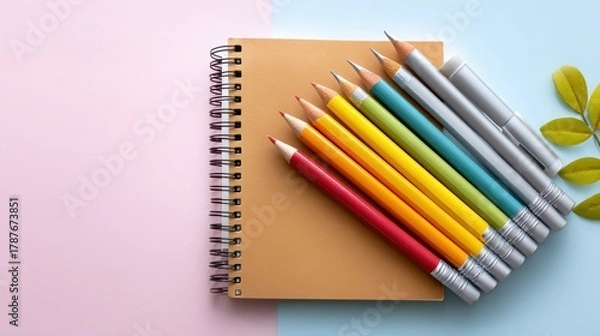 Fototapeta A colorful arrangement of pencils and markers beside a blank notebook, set against a pastel background, inviting creativity and artistic expression.