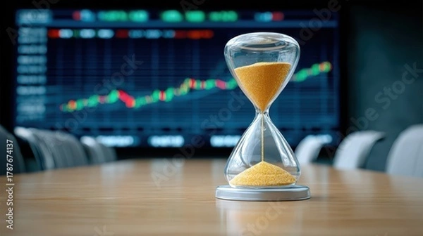 Fototapeta A modern hourglass filled with golden sand sits on a boardroom table, with financial charts displayed on a screen in the background.