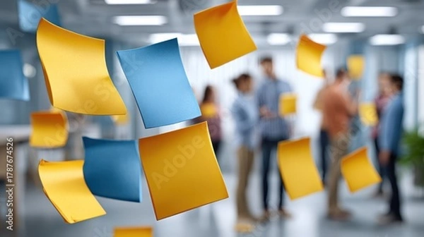 Fototapeta A vibrant office scene featuring floating sticky notes, with blurred colleagues engaged in discussion, symbolizing brainstorming and collaboration.
