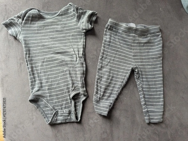 Fototapeta Tiny newborn baby clothes neatly arranged on a soft blanket. Essential wardrobe for the first days.

