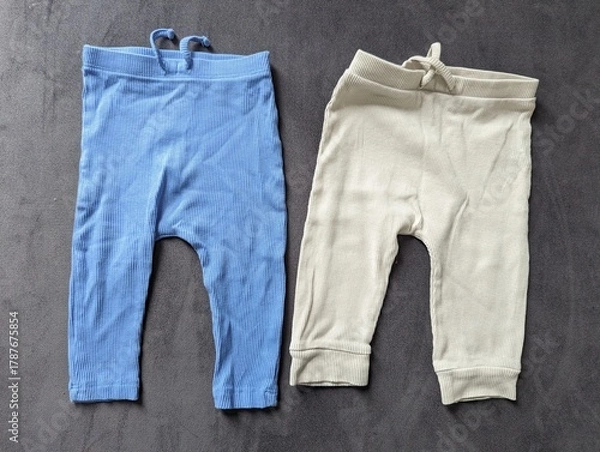 Fototapeta Tiny baby pants laid out on a soft blanket for a newborn. Essential clothing for the first months.

