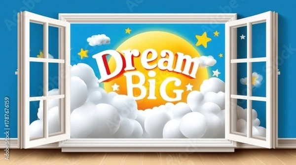 Fototapeta A bright illustration featuring an open window with clouds and a sun, displaying the motivational phrase "Dream Big" in colorful text.