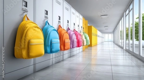 Fototapeta A colorful row of backpacks hangs on school lockers in a modern hallway, showcasing a vibrant and organized educational environment.