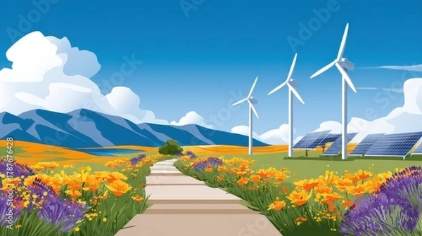 Fototapeta A picturesque landscape featuring wind turbines and solar panels amidst vibrant flowers and mountains under a bright blue sky.