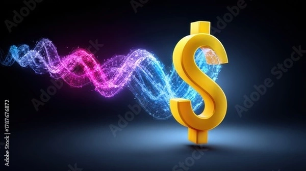 Fototapeta A vibrant yellow dollar sign with colorful digital waves, symbolizing finance and technology in a modern context.