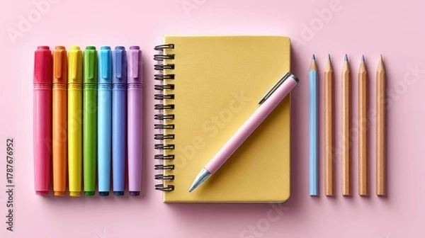 Fototapeta Colorful markers, a yellow notebook, and pencils arranged neatly on a pink background create a vibrant and creative workspace.