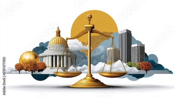 Fototapeta A balanced scale in front of a cityscape, symbolizing justice and law, with buildings and a globe in the background.