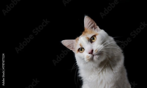 Fototapeta Portrait of funny cat looking curious away, isolated on black background. Panoramic image with copy space. 