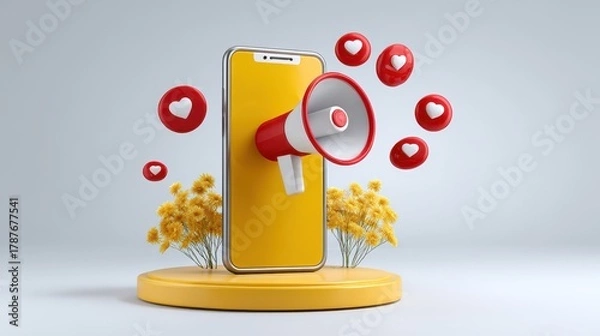Fototapeta A vibrant digital artwork featuring a smartphone with a megaphone and floating heart icons, symbolizing communication and social connection.